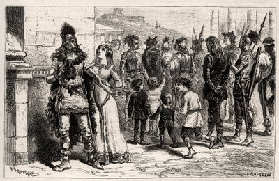 Moved to this sad spectacle, Theodechilde (daughter of Thierry I) application life and freedom of the captive - engraving in Les Femmes Illustres De La France by Oscar Havard - 1886 by Unknown artist