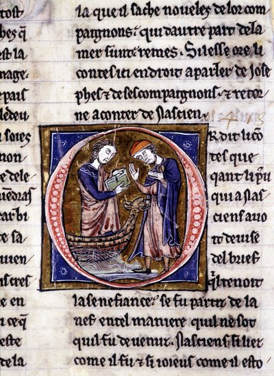 Nascion receives the book. Manuscript: Conquest of the Saint Gréal, written 717 years after the passion of our lord. Bibliotheque municipale de Rennes, ms. 255 (Collection of novels of the Round Table); Paris by Unknown artist