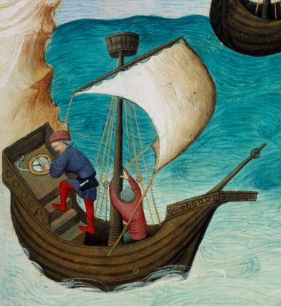 Navigators in the Indian Ocean Oriented with Stars and Astrolabe. Miniature in The Book of Wonders of the World, Ms. 2810, folio 188v, Illuminated by the Master of Egerton, Written by John (Jehan) de Mandeville (1300? 1382). Around 1410-1412. BN, Paris by Unknown artist