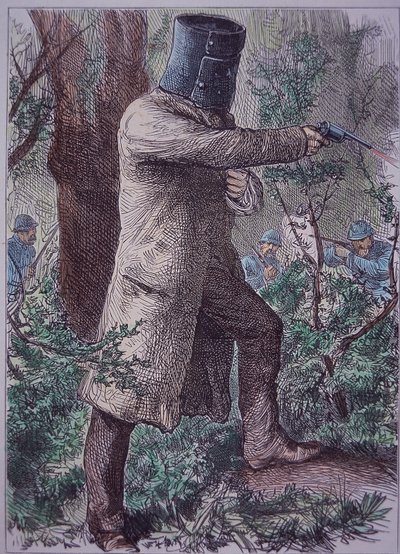 Ned Kelly, wearing his characteristic armour, in final confrontation with police, 28 June 1880 by Unknown artist