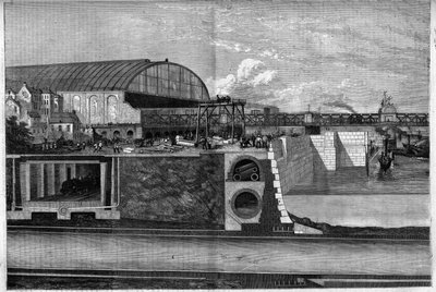 New Thames Wharf Section in London, England indicating: 1. The upper underground route for water and gas pipes and telegraph wires; 2. Cylindrical sewer; 3. Metropolitan railway; 4. Atmospheric railroad. Engraving in 