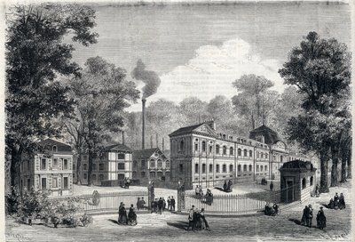 New building of the imperial porcelain factory in Sevres in 1868. Engraving in 