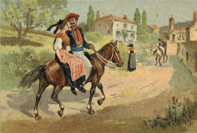 Old custom celebrated in the Provence region: the assembly of the Camarguais. Chromolithography of the late 19th century. by Unknown artist