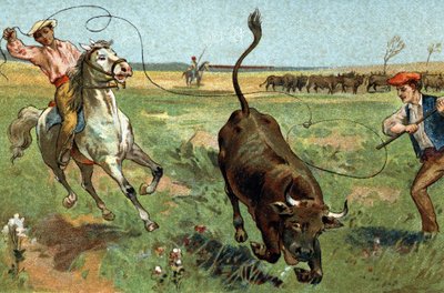 Old custom celebrated in the Provence region: the ferrade in the Camargue. Chromolithography of the late 19th century. by Unknown artist