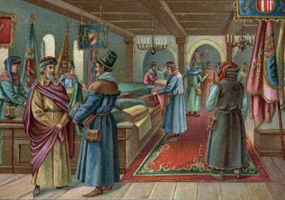 Old shopping centres: linen hall in Bruges, Belgium in the 15th century. Chromolithography of the late 19th century by Unknown artist