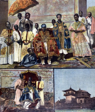 On top is the Empress Taitou of Ethiopia, wife of Menelik II and his sequel. Lower left is his daughter, the future Queen Zaouditou (1876 - 1930). On the right, the Imperial Palace Ghebi in Addis Ababa. Illustration for the late 19th century press by Unknown artist