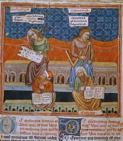 Page of a manuscript representing the allegories of Arithmetic and geometry by Unknown artist
