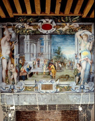 Painted fireplace top of the weapons room depicting Solomon and the Queen of Sheba by Unknown artist