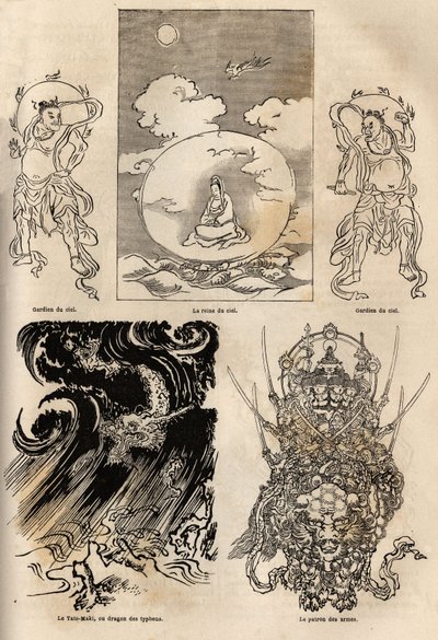 Pantheon of Japanese deities, traditional representation of some typical figures: the queen of heaven flanked by two guards; the Maki Tats, dragon of typhoon and the boss of arms. Engraving to illustrate the voyage to Japan in 1863-1864, by Aime Humbert by Unknown artist