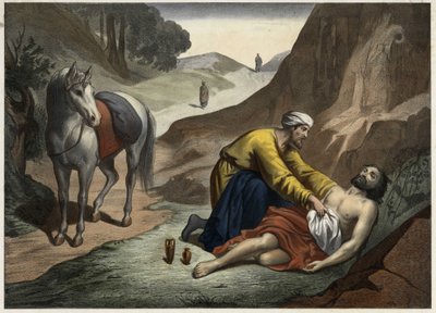 Parable of the Good Samaritan: the Samaritan stopped on his way to rescue the dying man. Anonymous engraving from the middle of the 19th century by Unknown artist