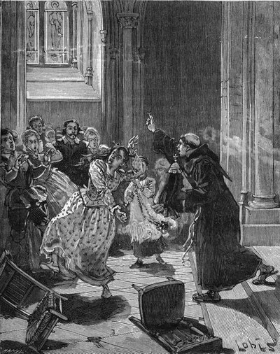 Paris, Church Sainte Genevieve (1599): a Capuchin monk trying to exorcise a woman, Martha, claiming to be possessed by the Devil. Engraving of the 19th century. In 