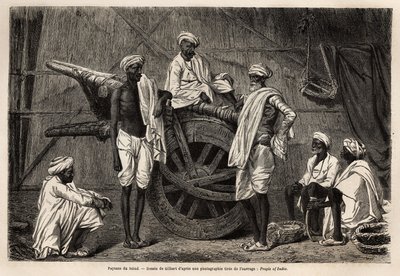 Peasants from Scind (Punjab Region, India), Next to Their Agricultural Machinery. Engraving to Illustrate the Voyage to Pandjab and Kashmir, Story by Guillaume Lejean, in 1866, Published in Le tour du monde, nouveau journal des voyages, under the directi by Unknown artist