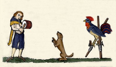 Pets Trained: A Dog and a Rooster Dance on Stills to the Rhythm of the Drum, Engraving from a 1344 Manuscript from the Bodleyan Library of Oxford by Unknown artist