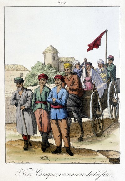 Plate from 1811 illustrating a group of Cossacks returning from the church after a wedding by Unknown artist