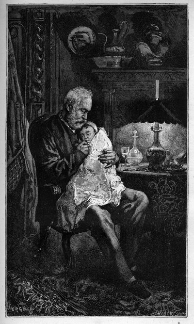 Portrait Of Victor Hugo, Seated With Granddaughter Jeanne - Engraving from 