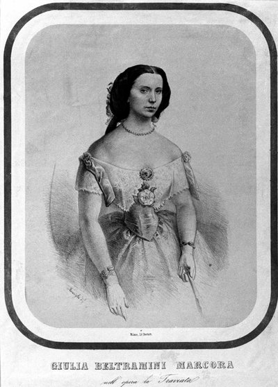 Portrait of Giulia Beltramini Marcora in “La traviata” by Giuseppe Verdi. Lithograph from the end of the 19th century by Unknown artist