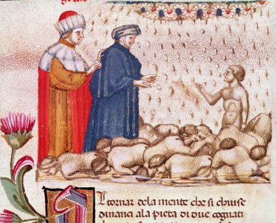 Portrait of Italian poet Dante Alighieri in the circle of the gluttony (song 6 from Hell, in the Divine Comedy) - Miniature 15th century by Unknown artist