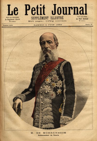 Portrait of the Baron of Mohrenheim, Russian ambassador to France from 1884 to 1898. Engraving in “Le petit journal” 4/06/1892. Selva