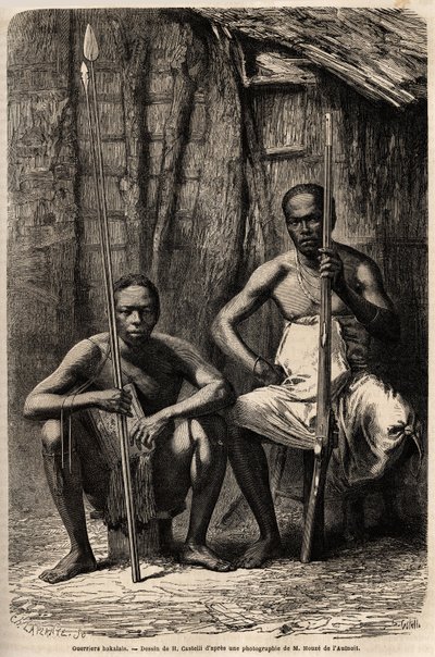 Portrait of two Bakali warriors. Drawing by H. Castelli, to illustrate the journey to Gabon, in 1861-1864, of Doctor Griffon du Bellay. Engraving in 