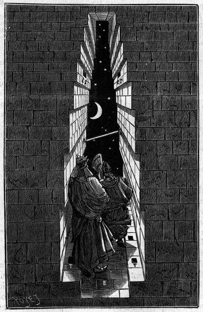 Priests of ancient Egypt observing the stars in the Great Pyramid of Kheops (Cheops, Keops, Khufu) at Giza. Engraving in 