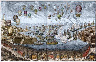 Project of Attack Against England in 1803 by Napoleon I - French Troops Walk Through the Channel Tunnel While Ships and Balloons Attack by Sea and Air - Engraving of 1803 by Unknown artist