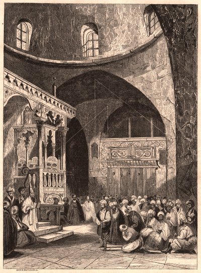 Rabbi and congregation in a synagogue in Jerusalem by Unknown
