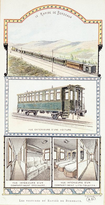 Railways of Orléans: exterior and interior views of Bordeaux Rapid cars by Unknown artist