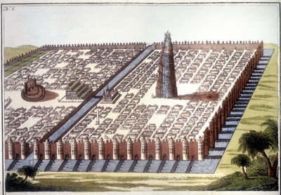 Reconstructed view of the ancient city of Babylon, with the enclosure, the hanging gardens and the ziggurat. by Unknown artist