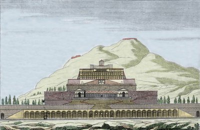 Reconstruction of the temple of Fortuna in Palestrina, Italy. Engraving of the 19th century. by Unknown artist