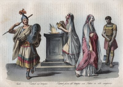 Religion in ancient Rome - Salii (leaping priests) and Vestals or Vestal Virgins - engraving from Usi e Costumi di Tutti i Popoli dell