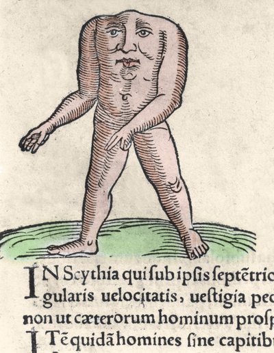 Representation of a member of the Blemmyi tribe in Nubia, described without a head, without a neck, and face on the trunk of Pliny the former. Engraving from 