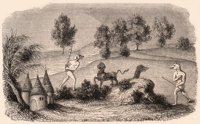 Representation of medieval tribes and animal species: two Cynocephalus fighting monsters by Unknown