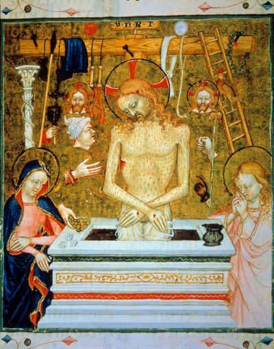Resurrection of Christ: Christ coming out of the tomb between the Virgin and Saint John with the instruments of passion. Miniature from a French manuscript by Unknown artist
