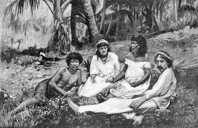 Robert Louis Stevenson (1850 - 1894) with his wife in Samoa where he had his residence published in Vailima. Engraving around 1890-1895. by Unknown artist