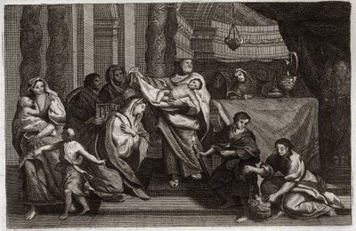 Royaumont Bible, New Testament: Purification of the Virgin or presentation in the Temple. The Holy Family offers Jesus Christ to the Temple and gives him to Simeon. A woman holds two doves in a basket. Illustration from 1811. by Unknown artist