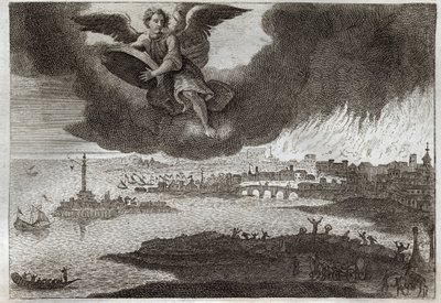 Royaumont Bible, New Testament: Ruin of Babylon. Babylon on Fire, an Angel Throws a Stone at the Sea, Symbolizing the Destruction of This City During the Revelation. Illustration from 1811 by Unknown artist