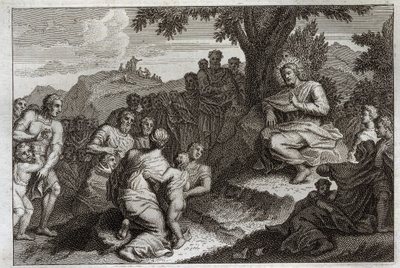 Royaumont Bible, New Testament: Sermon on the Mount. Jesus Christ chooses twelve Apostles from his disciples, and delivers the Sermon on the Mount. Illustration from 1811 by Unknown artist