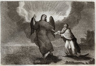 Royaumont Bible, New Testament: Vision of Saint John. Vision of the Angel with an Open Book gives Saint John to devour it. Illustration from 1811. by Unknown artist