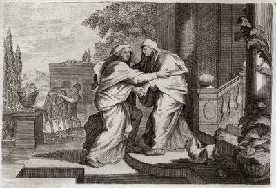 Royaumont Bible, New Testament: Visitation. The Blessed Virgin Mary visits her cousin Elisabeth. Illustration from 1811 by Unknown artist