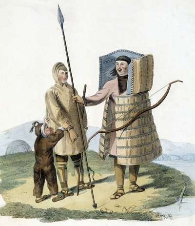 Russian man in a hunting suit with his wife and child by Unknown artist