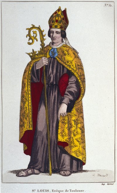 Saint Louis of Toulouse or Saint Louis of Anjou. Little nephew of Saint Louis (1274 to 1297), bishop of Toulouse. Engraving of 1830 by Unknown artist