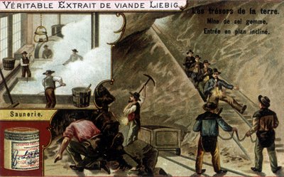 Saline and salt mine: salt extraction and saunier. Chromolithography of Liebig products, series 