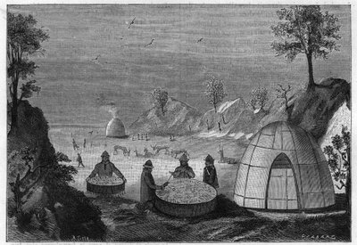 Sami wizard predicting the future by means of a magic drum. Engraving from 1885 by Unknown artist