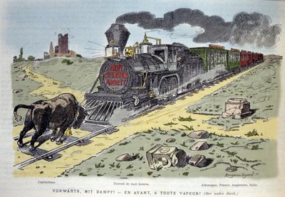 Satirical allegorical vignette: the bull symbol of capitalism tries to stop the train of labor reform. Each wagon is designed for a country: Germany, France, England, Italy 1897 by Unknown artist