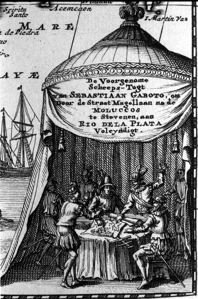 Sebastiano Caboto (Sebastien Cabot) represents on the cartridge of a navigation map with other navigators. The beginning of the 17th century by Unknown artist