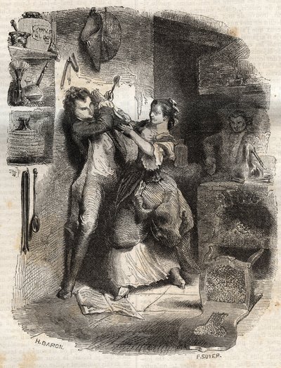 She smeared me my face, and all this was delicious - Illustration for the confessions by Jean-Jacques Rousseau - engraving of 1849 by Unknown artist