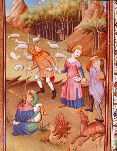 Shepherds resting near a wood fire. Miniature from 