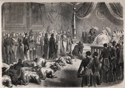 Siam Ambassadors Crawl Towards the French Imperial Family During a Solemn Audience in Fontainebleau in the Presence of Napoleon III and Eugenie by Unknown artist