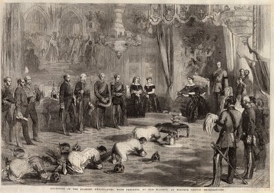 Siam ambassadors crawled to Queen Victoria and Prince Albert during their visit to Windsor Castle. Engraving in 