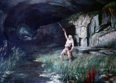 Siegfried, facing the dragon Fafner, waved his sword. Stage of the Opera 